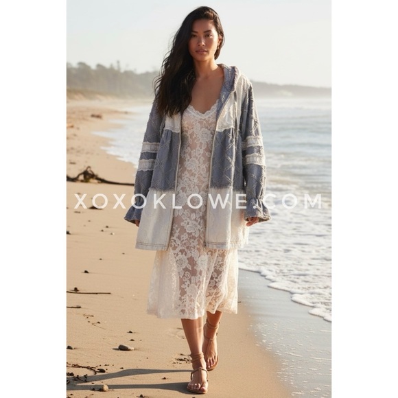 POL Patchwork Denim Hoodie | Zip Up Ruffle Tiered Boho Jacket - Picture 3 of 11